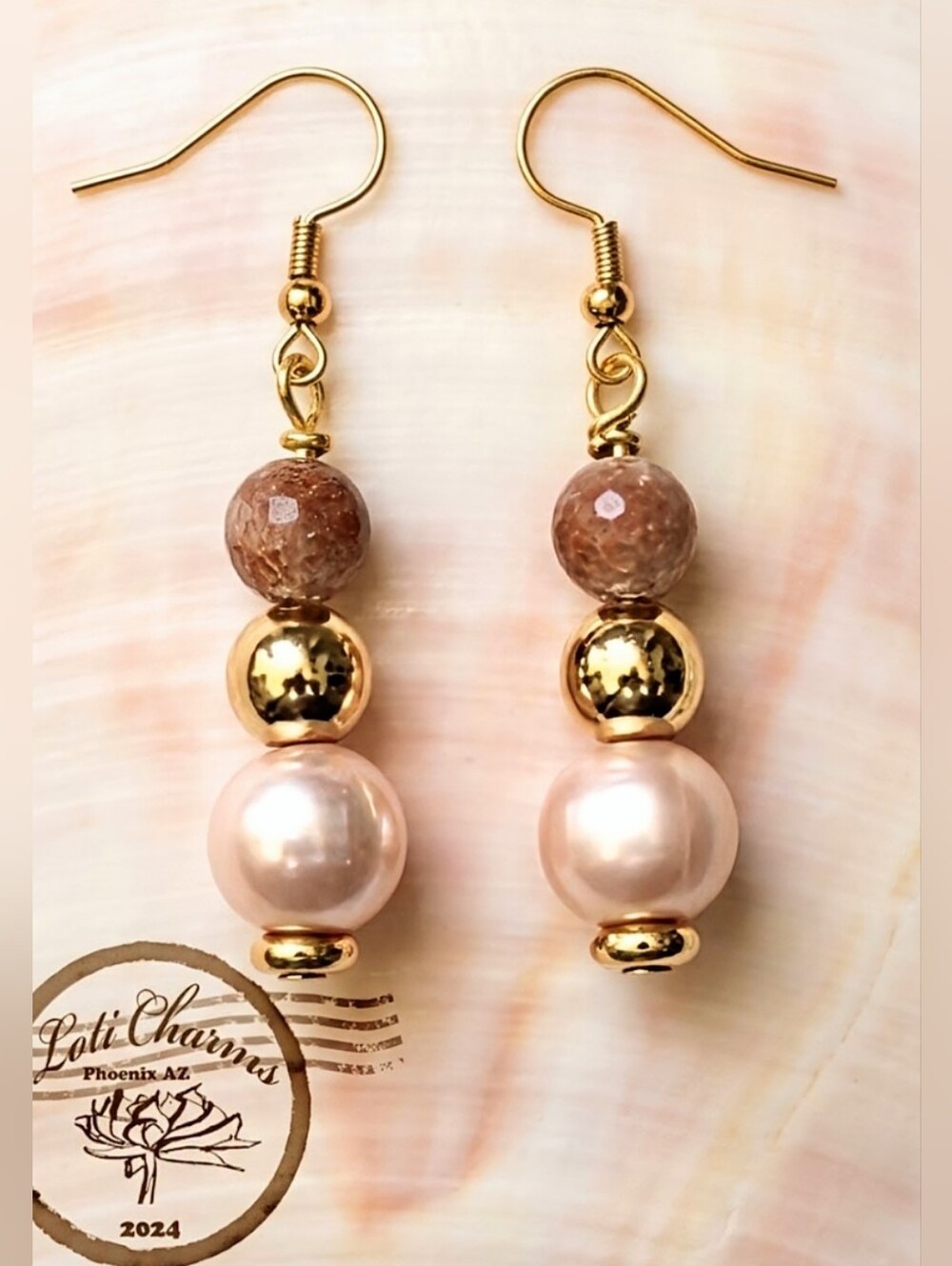 Natural Pink Plum Blosson Jasper &  Pink Freshwater Pearl Minimalist Earrings